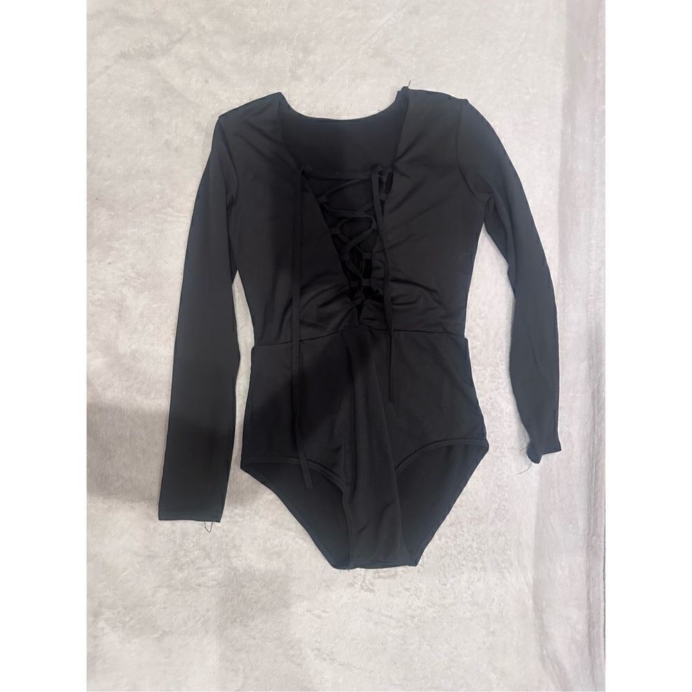 Black womens body suit long sleeve with cross cross ties on chest size S